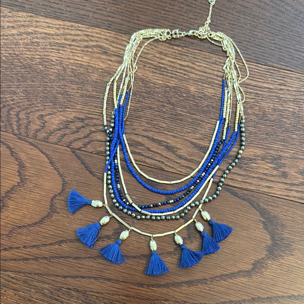 Stella & Dot TULUM Blue and Gold Multi-Strand Necklace with Tassels NIB